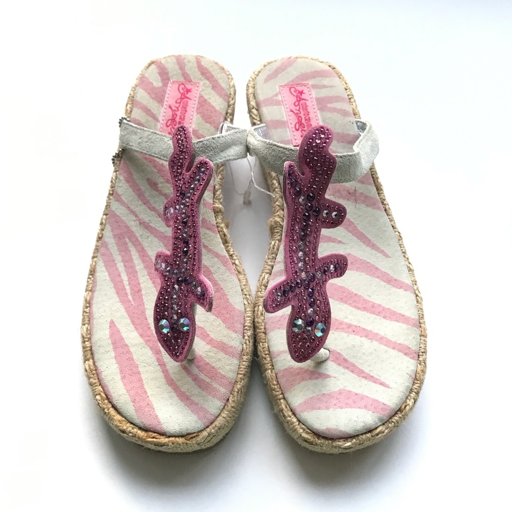 NEW Roberto Cavalli Pink Rhinestones Jute Wedge Slides Thong Sandals Girls Sz 3